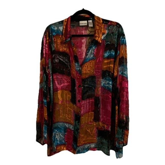 Chico's Tops - Chicos Size 3 Womens XL Top Patchwork Silk Rayon Button Collared Please Read